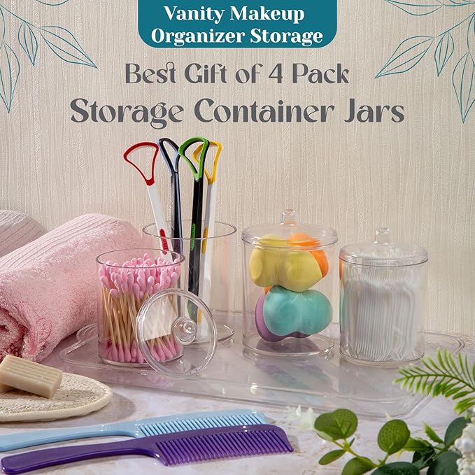 Qtip Holder Set, 4 Pack Clear Plastic Apothecary Jars with Lids for Cotton Swabs, Cotton Balls & Bathroom Vanity Organizer