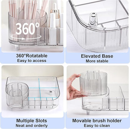 DASITON Large Capacity Makeup Organizer with 360° Rotating Makeup Brush Holder, Multi-Compartment Skincare and Cosmetic Storage for Vanity, Bathroom Countertop, Dresser, Desktop Storage Box (Clear)