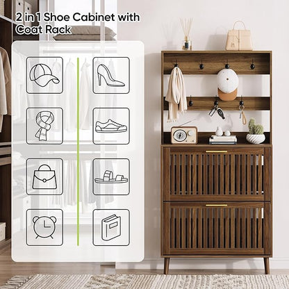 Tall Shoe Cabinet with Coat Rack, Shoe Storage Cabinet with Louvered 2 Doors, Tall Freestanding Entryway Shoe Cabinet with Adjustable Shelves, Modern Shoe Organizer Cabinet, Shoe Rack Cabinet (Walnut)