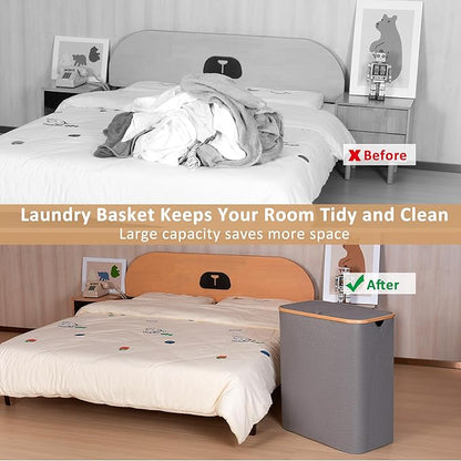iEGrow 150L Laundry Hamper with Lid-Large Laundry Basket with Bamboo Handles, Grey Hampers for Laundry, Dirty Clothes Hamper with 2 Removable Inner Bags for Clothes Towels