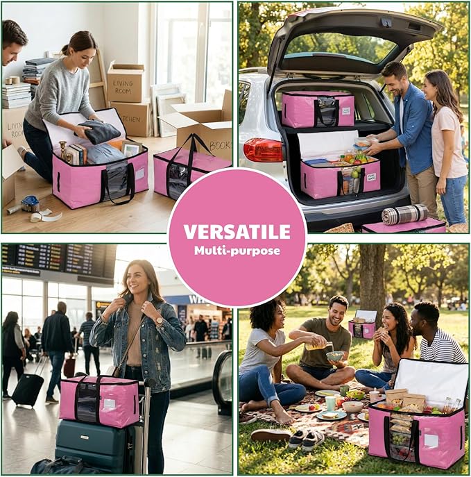 6-Pack Extra Large Moving Bags with Backpack Straps & Side Handles, 50 lbs Heavy Duty Storage Totes, Water-Resistant Clothes Packing Boxes Alternative (Pink)