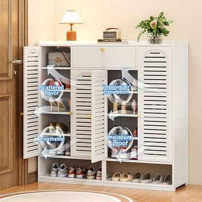 7-Tier Shoe Storage Cabinet with Shutter Doors, Large Capacity Shoe Cabinet With Drawers Sneakers Shoe Rack Shelf for Entryway, Freestanding Shoe Organizer with Thickened Adjustable Shelves for Closet