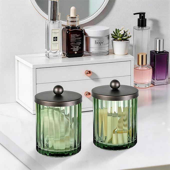 Amolliar Sage Green Glass Apothecary Jar With Metal Lid & Stickers, Bathroom Qtip Holder Dispenser for Cotton Swabs, Balls, Round Pads, Bath Salt, Floss, Countertop Canister Storage, Bronze 4 Pack