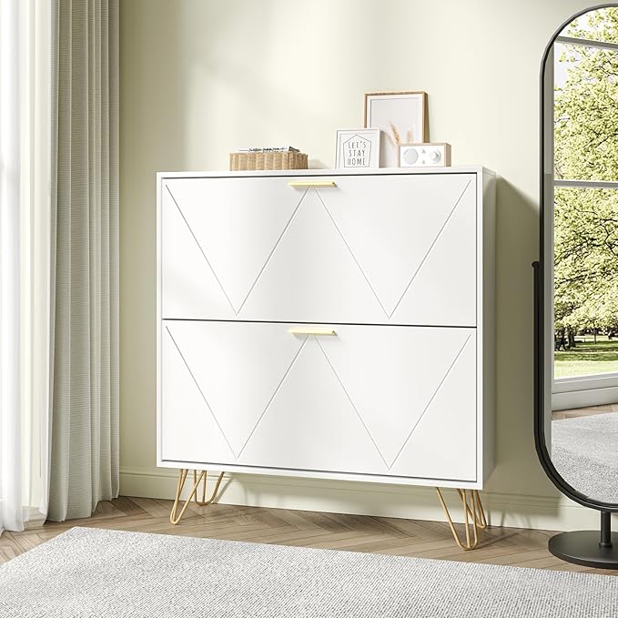 JOZZBY White Shoe Cabinet for Entryway, Narrow Shoe Storage Cabinet with 2 Flip Drawers, Hidden Shoe Rack for Hallway, Living Room