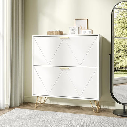 JOZZBY White Shoe Cabinet for Entryway, Narrow Shoe Storage Cabinet with 2 Flip Drawers, Hidden Shoe Rack for Hallway, Living Room