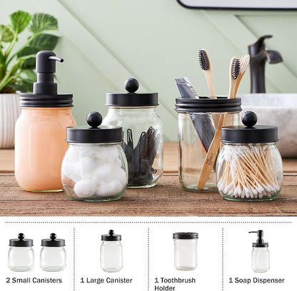 Mason Jar Bathroom Accessories Set – 5-Piece Bathroom Set with Toothbrush Holder, Soap Dispenser, Canister, and 2 Small Jars by Lavish Home (Black)