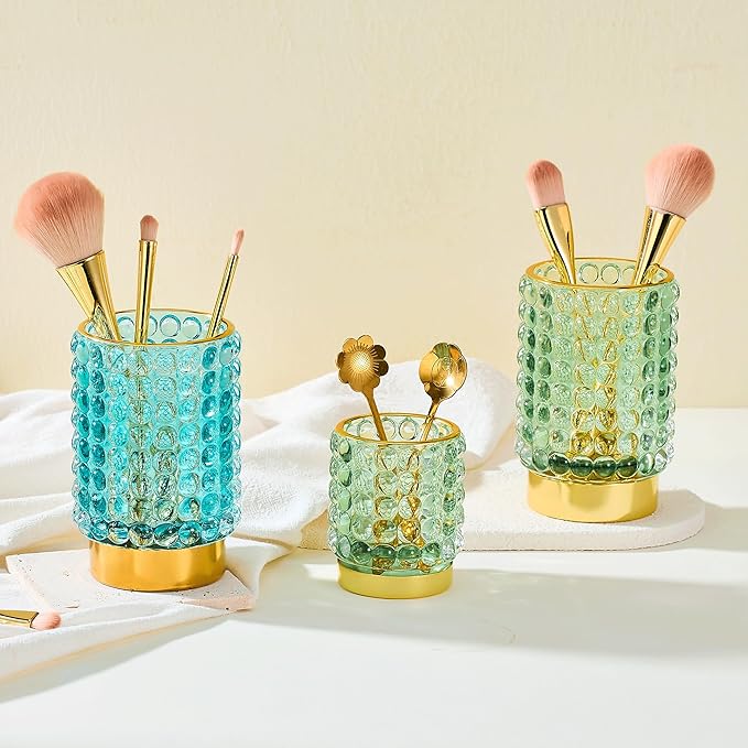 Makeup Brush Holder Organizer,Toothbrush Holders,Desk Pen Pencil Holder,Multifunctional Vintage Glass Brush Cup(A38-10-US/Turquoise/L)