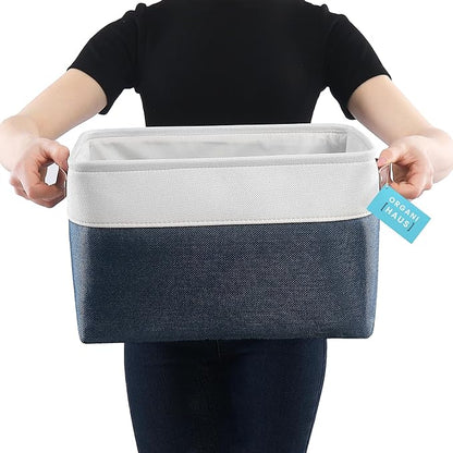 OrganiHaus 15x11in Canvas Storage Baskets 3 Pack | LARGE Fabric Bins for Shelves | Closet & Bedroom Storage | Navy Blue/Off-White