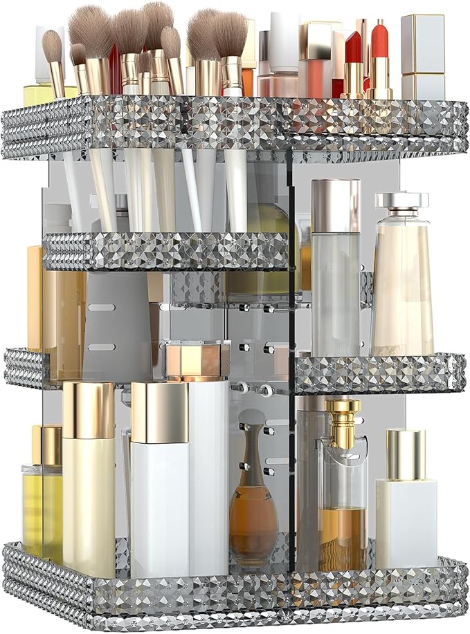 Rotating Makeup Organizer, Large Capacity Cosmetic Display Case, Acrylic Skincare Organizer with Makeup Brush, Makeup Storage Organizer for Dresser Countertop and Bathroom Vanity - Grey