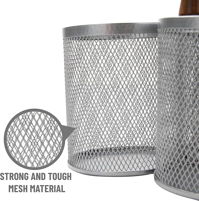 Mind Reader 3-Compartment Mesh Organizer Caddy with Wooden Handle, Multi-Purpose Desktop or Countertop Storage, Metal Mesh, 7.5"L x 7.5"W x 9.75"H, Silver