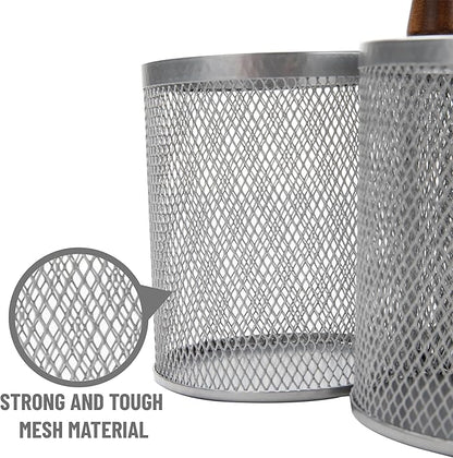 Mind Reader 3-Compartment Mesh Organizer Caddy with Wooden Handle, Multi-Purpose Desktop or Countertop Storage, Metal Mesh, 7.5"L x 7.5"W x 9.75"H, Silver