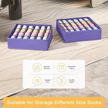Joyoldelf Sock Drawer Organizer Divider 2 Packs Underwear Organizer, 24 Cell Closet Organizers and Storage Organizer Sock Holders Organizers for Storing Socks, Handkerchiefs, Ties, Belts (Purple)