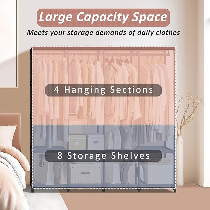 Wardrobe Closet, Quick and Easy Assembly, Gray Large Capacity Portable Closet with 4 Hanging Rods 8 Storage Shelves and 8 Side Pockets, Clothes Rack with Cover, for Bedroom and Living Room