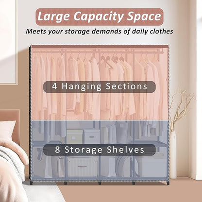Wardrobe Closet, Quick and Easy Assembly, Gray Large Capacity Portable Closet with 4 Hanging Rods 8 Storage Shelves and 8 Side Pockets, Clothes Rack with Cover, for Bedroom and Living Room