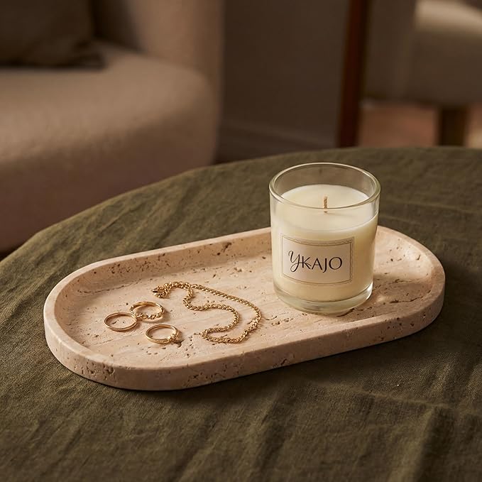 YKAJO Oval Real Marble Tray for Bathroom Kitchen Counter Stone Decorative Vanity Tray for Dresser Perfume Heavy Catchall Organizer for Soap Jewelry (Natural Travertine Beige, 11.8" x 5.9")