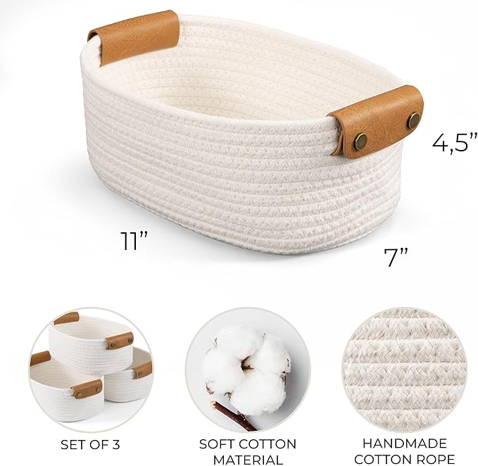 Beautiful Storage Basket Set of 3 - Sturdy Jute Rope Baskets for Shelves Are Perfect for Organizing Your Home - Quality Storage Bins Easily Fit With Any Nursery or Bedroom Decor