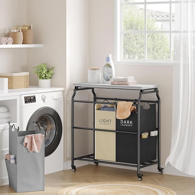 Hoctieon 3 Section Laundry Sorter Cart with Ironing Board, Laundry Hamper Basket with Shelf and Wheels, Heavy Duty Clothes Organizer, Large Clothes Separator with Removable Bags, Black+Gray+Beige
