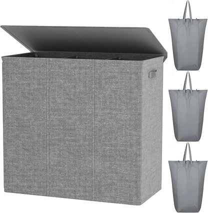 WOWLIVE 180L Laundry Hamper with Lid 3 Section,Large Laundry Basket with Removable Bags and Handles,Collapsible Dirty Clothes Hampers for Laundry,Laundry Basket Organizer for Laundry Room,Dorm,Grey