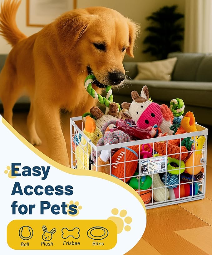 Dog Toy Basket, Dog Toy Storage Bin for Pet, Medium Toy Box for Dogs, Metal Storage Box with Handles, Toy Organizer Holder Boxes for Living Room (White)
