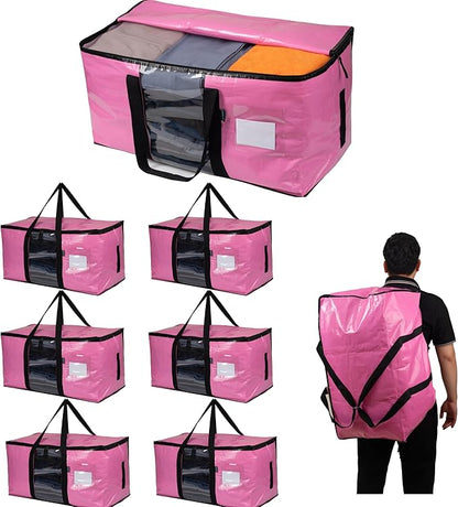 6-Pack Extra Large Moving Bags with Backpack Straps & Side Handles, 50 lbs Heavy Duty Storage Totes, Water-Resistant Clothes Packing Boxes Alternative (Pink)
