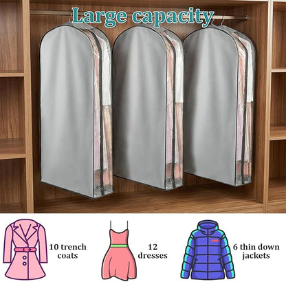 3 Packs 10" Gusseted Garment Bags for Hanging Clothes 60" Suit Bags for Closet Storage Side Clear Dress Bag Long Closet Waterproof Garment Covers for Closets Wardrobe Storage Traveling, Grey