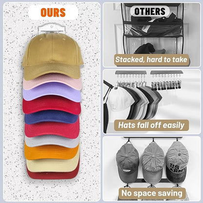 Hat Organizer for Baseball Caps on the Wall, Adhesive Hanging Hat Storage Rack, Ball Cap Hooks Display, Vertical Hat Hanger Holder for Door and Closet, Hold Up to 20 Hats, Clear, 2 Pack
