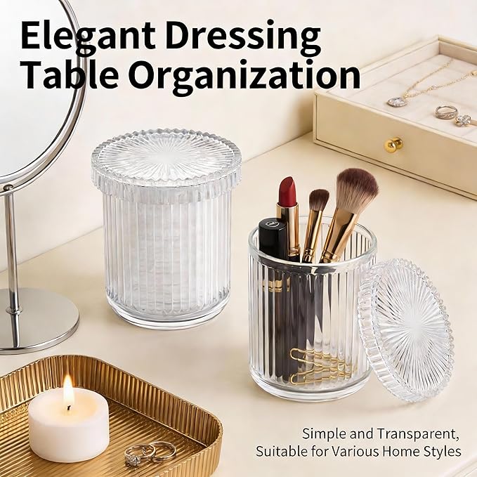 2 Pack Glass Qtip Holder Dispenser Set - Bathroom Organizer for Cotton Swabs, Balls, Pads, Floss Picks - Clear Apothecary Jars for Vanity, Makeup Storage, Bathroom Accessories Decor (Clear)
