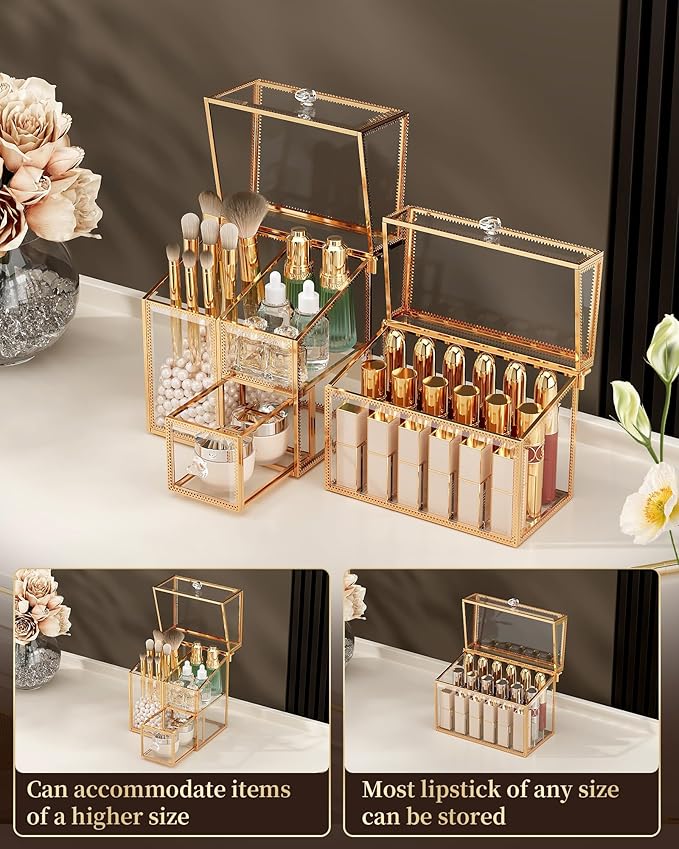 CoralHouse Makeup Brush Organizer – Vanity Organizer with 18-Slot Lipstick Organizer & Makeup Brush Holder with Lid – Skincare, Perfume & Cosmetic Storage for Bathroom or Dresser