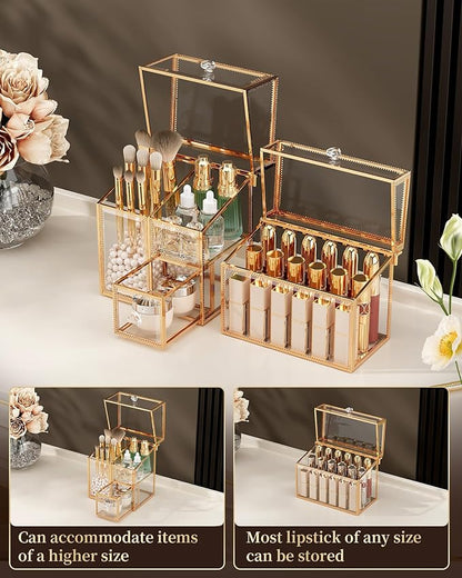 CoralHouse Makeup Brush Organizer – Vanity Organizer with 18-Slot Lipstick Organizer & Makeup Brush Holder with Lid – Skincare, Perfume & Cosmetic Storage for Bathroom or Dresser