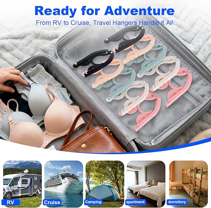 10 Pack Foldable Travel Hangers - Folding Hangers & Collapsible Hooks for Cruise/RV/Hotel/Dorm - Space-Saving Portable, Lightweight Compact Travel Essentials (Assorted Colors)