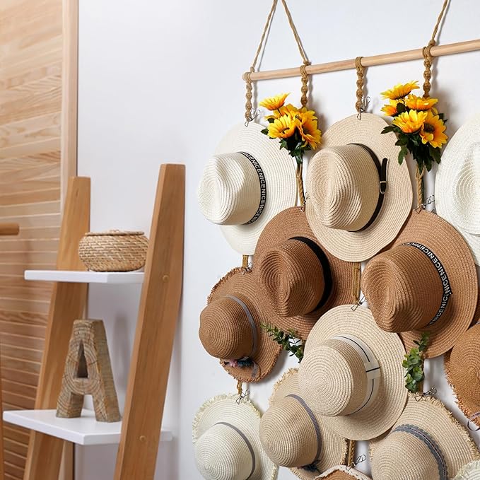 Macrame Hat Organizer Rack for Wall 15 Clips 31x66in Large Fedora Hat Hangers Display for Wide Brimmed Hat Holder Storage Boho Decor for Fedora Sun Straw Panama Closet Bedroom Brown