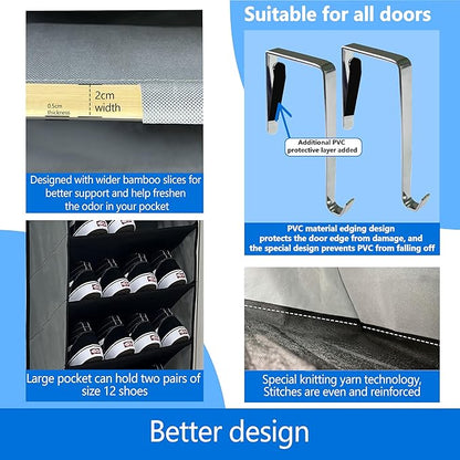Shoe Organizer,70 Pounds Large Capacity,20-30-Pair Over The Door Shoe Organizer,10 Tiers Shoe Rack for Closet,New Upgrade Anti-Scratch Heavy Duty Hook and Bamboo Material Baffle,Grey/Black