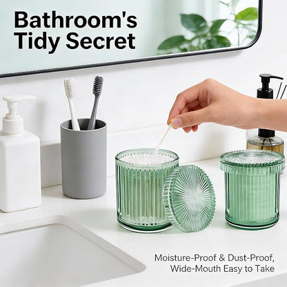 2 Pack Glass Qtip Holder Dispenser Set - Bathroom Organizer for Cotton Swabs, Balls, Pads, Floss Picks - Clear Apothecary Jars for Vanity, Makeup Storage, Bathroom Accessories Decor (Green)