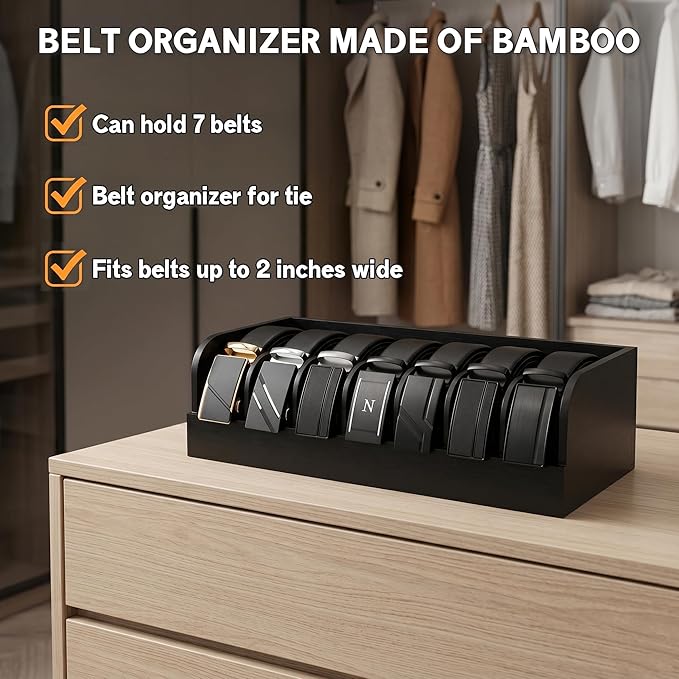 Belt Organizer, 7 Compartments Storage & Display Box for Closet Drawer, Holder Case for Ties and Belts, Bamboo Storage for Men Women (Black)