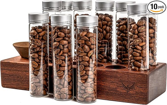 Single Dose Coffee Bean Storage Tubes Coffee Bean Cellar 10 Pcs Dosing Glass Vials With Lids (2 Oz) Wooden Display Stand And Funnel