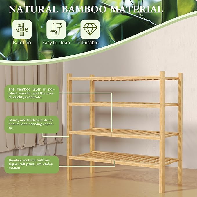 ROMGUAR CRAFT 4 Tier (Thick) Bamboo Shoe Rack for Closet Free Standing Wood Shoe Shelf for Entryway Small Space Stackable 27"x12"x28" (Natural)