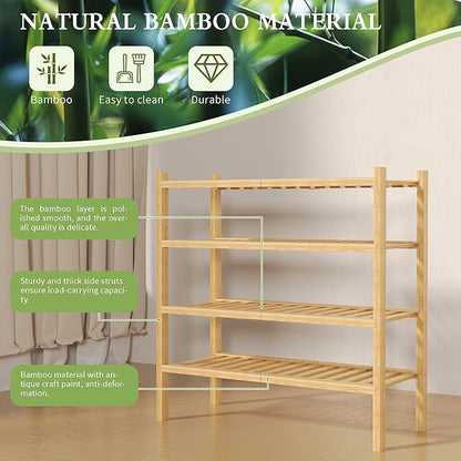 ROMGUAR CRAFT 4 Tier (Thick) Bamboo Shoe Rack for Closet Free Standing Wood Shoe Shelf for Entryway Small Space Stackable 27"x12"x28" (Natural)