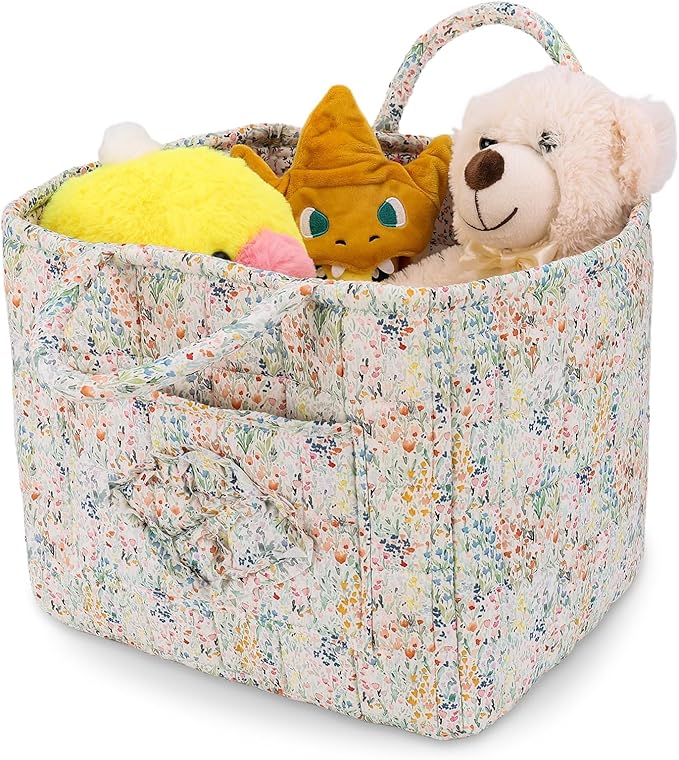 Storage Basket Boho Fabric Large Collapsible Floral Laundry Nursery Hamper Portable Folding Storage for Clothes Toys (Blue Floral)