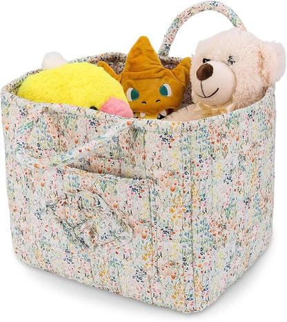 Storage Basket Boho Fabric Large Collapsible Floral Laundry Nursery Hamper Portable Folding Storage for Clothes Toys (Blue Floral)