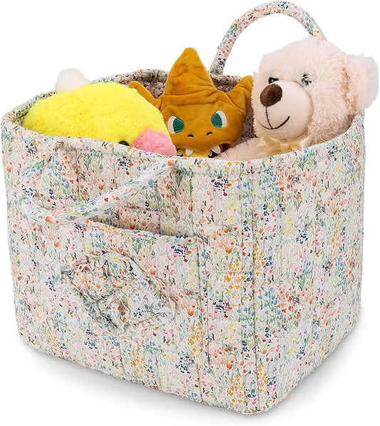 Storage Basket Boho Fabric Large Collapsible Floral Laundry Nursery Hamper Portable Folding Storage for Clothes Toys (Blue Floral)