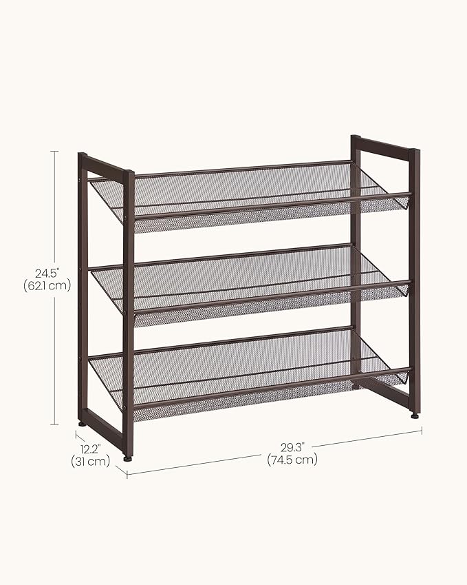SONGMICS HOME 3-Tier Stackable Shoe Rack, Metal Shoe Organizer for Closet, Entryway, Garage, Flat or Slanted Mesh Shelves, Brown