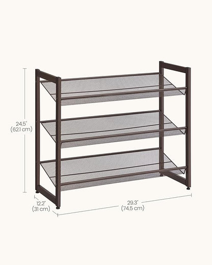 SONGMICS HOME 3-Tier Stackable Shoe Rack, Metal Shoe Organizer for Closet, Entryway, Garage, Flat or Slanted Mesh Shelves, Brown