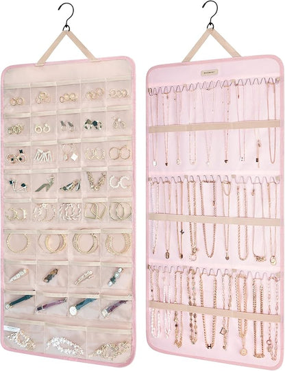 BAGSMART Hanging Jewelry Organizer Storage Roll with Hanger Metal Hooks Double-Sided Jewelry Holder for Earrings, Necklaces, Rings on Closet, Wall, Door, 1 piece, Extra Large, Pink