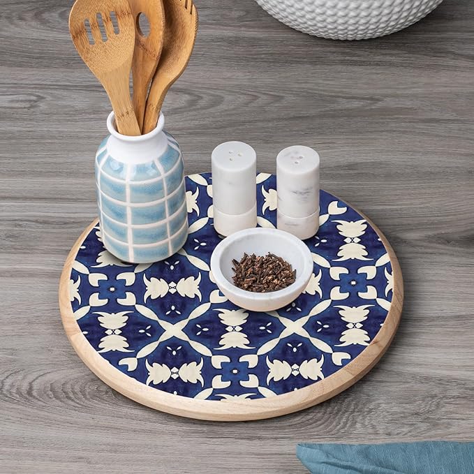 CounterArt Decorative Round Natural Wood Lazy Susan Turntable 14" Diameter Condiment Caddy, Cheese Server, Cake Plate, Spice Organization (Blue & White)