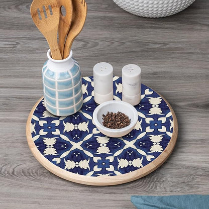CounterArt Decorative Round Natural Wood Lazy Susan Turntable 14" Diameter Condiment Caddy, Cheese Server, Cake Plate, Spice Organization (Blue & White)