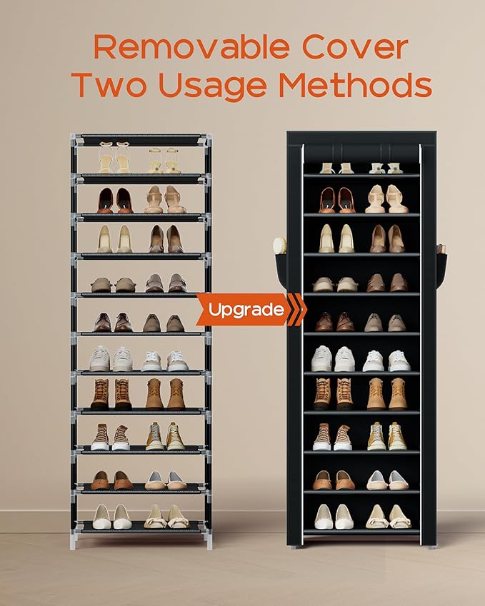 CASAMAYA Shoe Rack with Covers, 10 Tiers Tall Shoe Rack Organizer, Large Capacity Shoe Shelf Storage, Hold 20 Pairs of Shoes, Vertical Shoe Storage Organizer for Closet, Entryway, Black, SRT102B01