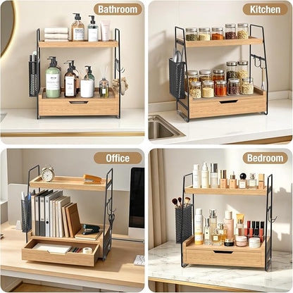 2 Tier Bathroom Counter Organizer Wood - Tiered Bathroom Countertop Shelf with Drawer, Removable Basket & 2 Hooks, Makeup Vanity Organizer for Skincare Perfume Toiletries, 13'' Wood