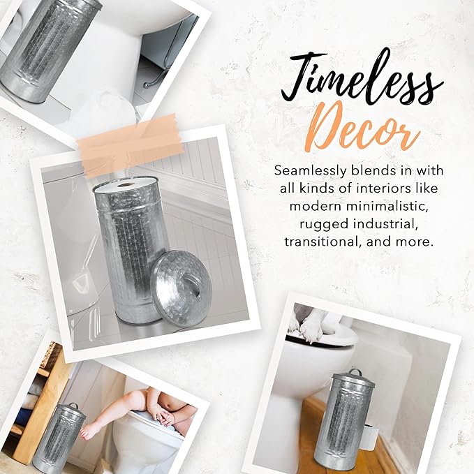 Autumn Alley Farmhouse Galvanized Metal Free Standing Toilet Paper Holder Organizer Stand Canister with Lid – Fits 3 Mega Rolls, Rustic Enclosed Toilet Storage Stand