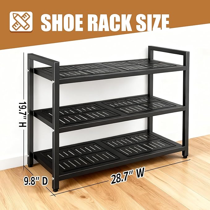 3-Tier Heavy Duty Metal Shoe Rack, 200 LBS Load Capacity, Sturdy Free Standing Shoe Storage Organizer, Holds 9-12 Pairs, 28.7" W x 9.8" D x 19.7" H Black for Entryway, Closet, Bedroom & Dorm