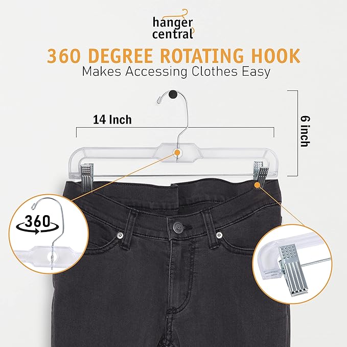 Premium 14 Inch Clear Pants Hangers with Adjustable Clips - 12 Pack Space-Saving Skirt Hangers - Non-Slip Heavy Duty Plastic Closet Organizers with 360° Swivel Hook